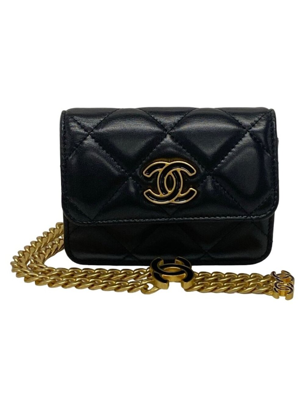 Chanel Waist Pouch Quilted Black Chain Belt Vintage Gold Lambskin